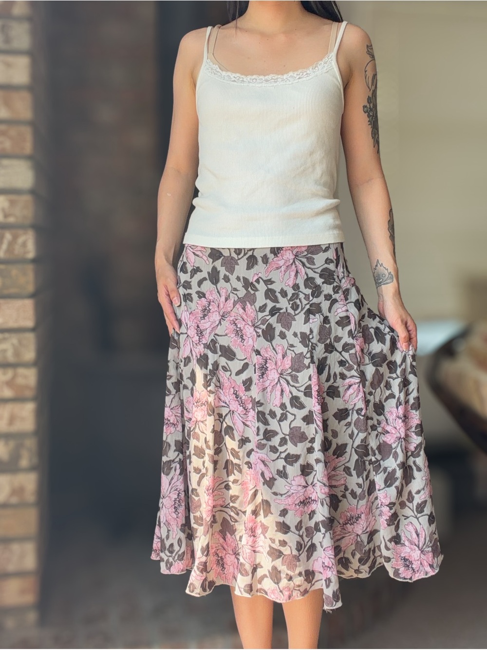 Whimsy Pink and Brown Boho Flowy Floral Print Midi Low Rise Skirt